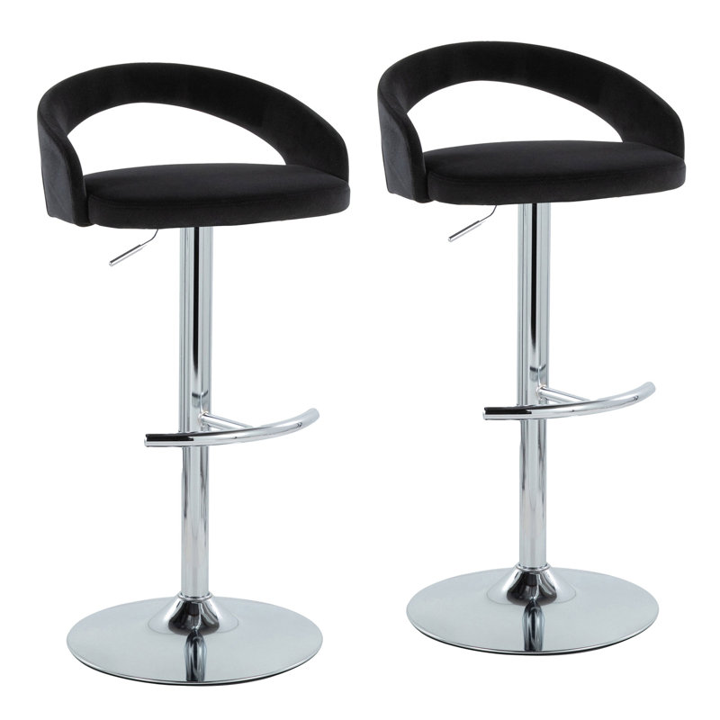 Tabouret de bar réglable en métal chromé et velours noir avec repose-pieds arrondi en T - ensemble de 2, 2