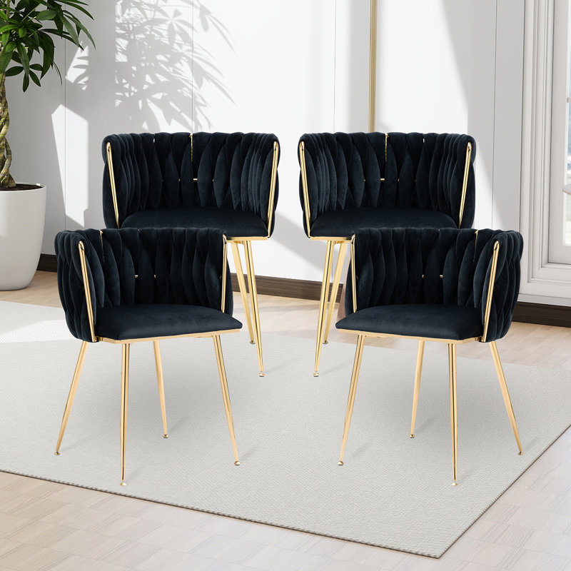 Ensemble de 4 chaises de salle à manger, chaises en velours avec pieds en métal doré, chaises d'appoint capitonnées pour le salon et la salle à manger modernes (noir)