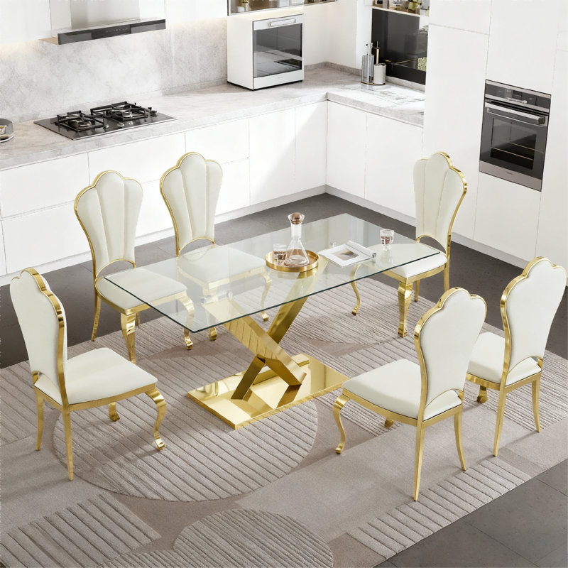 7-Piece Modern Glass Dining Table Set with 6 Faux Leather Chairs, 7 Pieces: Table, 6 Chairs