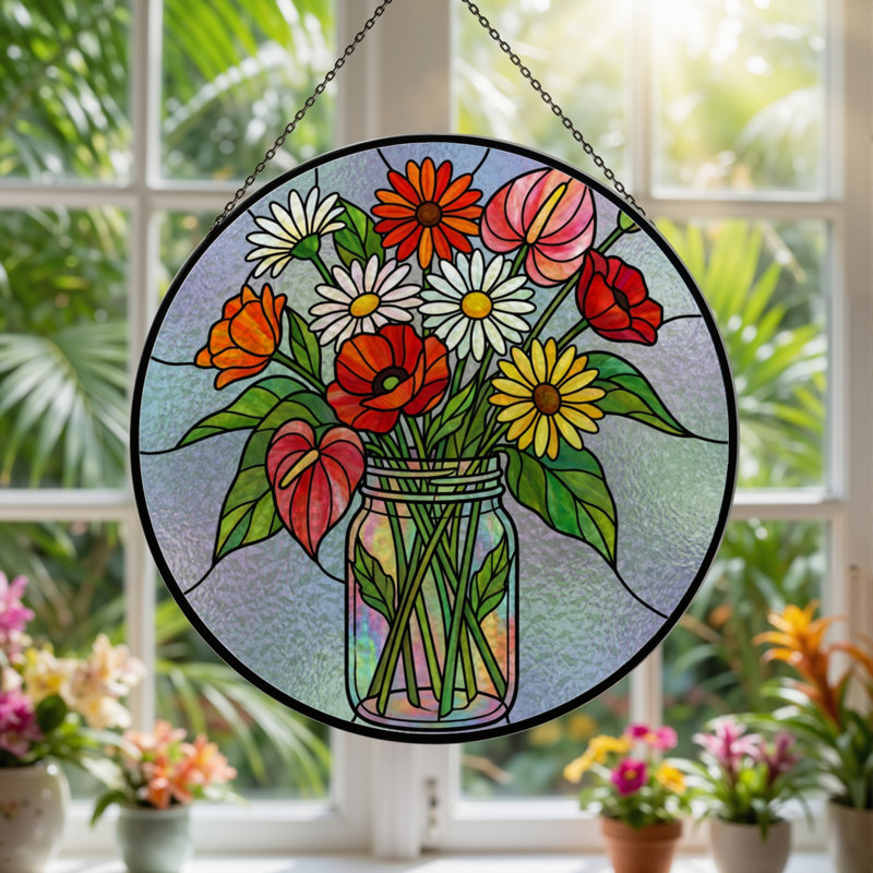Panneau de vitrail d'arrangement floral 12 po H