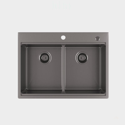 Évier de cuisine à double cuve, fini canon de fusil, 33 pouces, encastré, en acier inoxydable 304 de calibre 16, idéal pour les cuisines modernes.