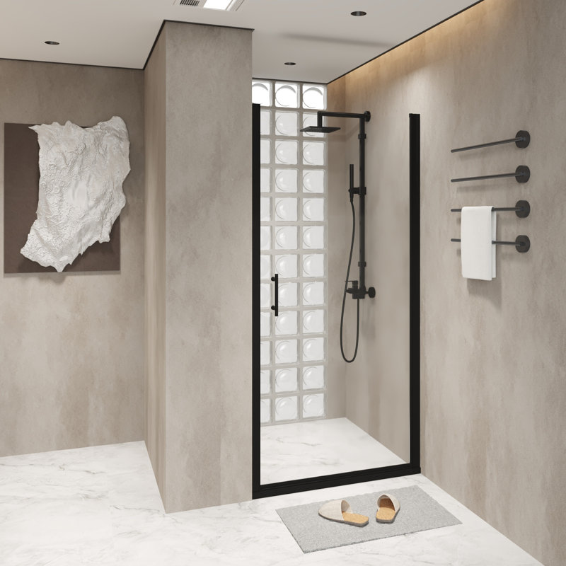 Porte de douche demi-cadre de luxe 24 po x 72 po - Aluminium noir mat, verre trempé de 6 mm avec film incassable
