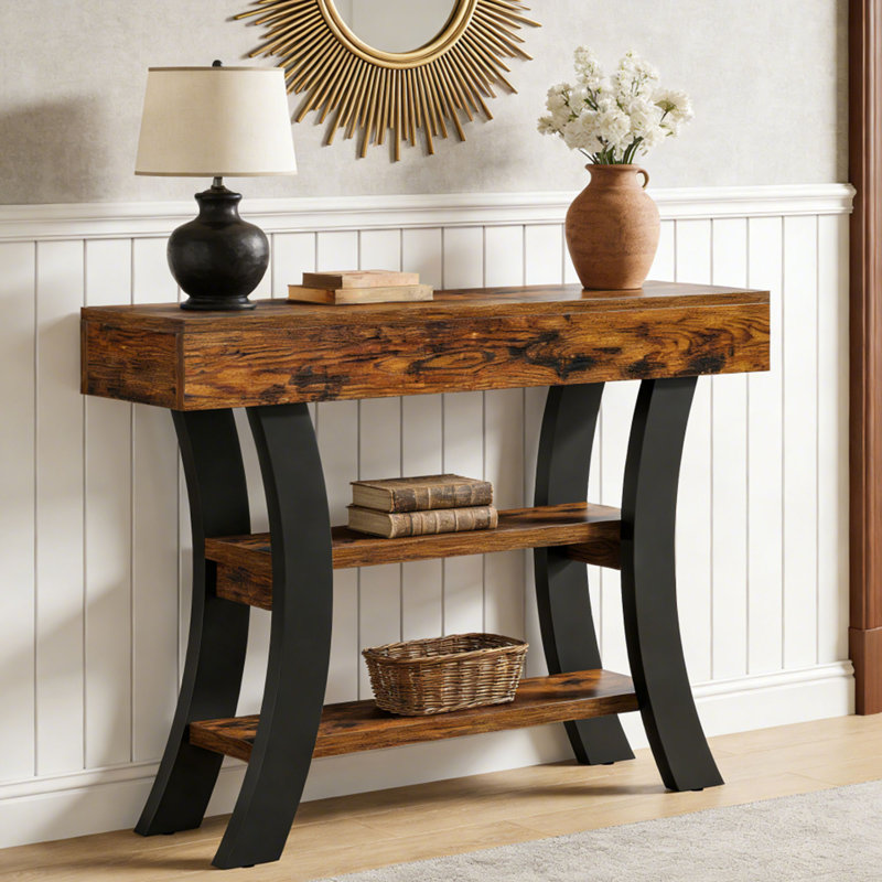 41" Console Table With Storage Shelves And Curved Frame, Walnut/Black