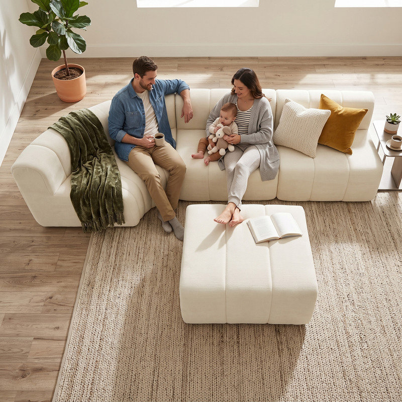Ensemble de salon modulaire semi-courbé 116 po avec repose-pieds réversible 116 po, 116 pièces, Chenille beige