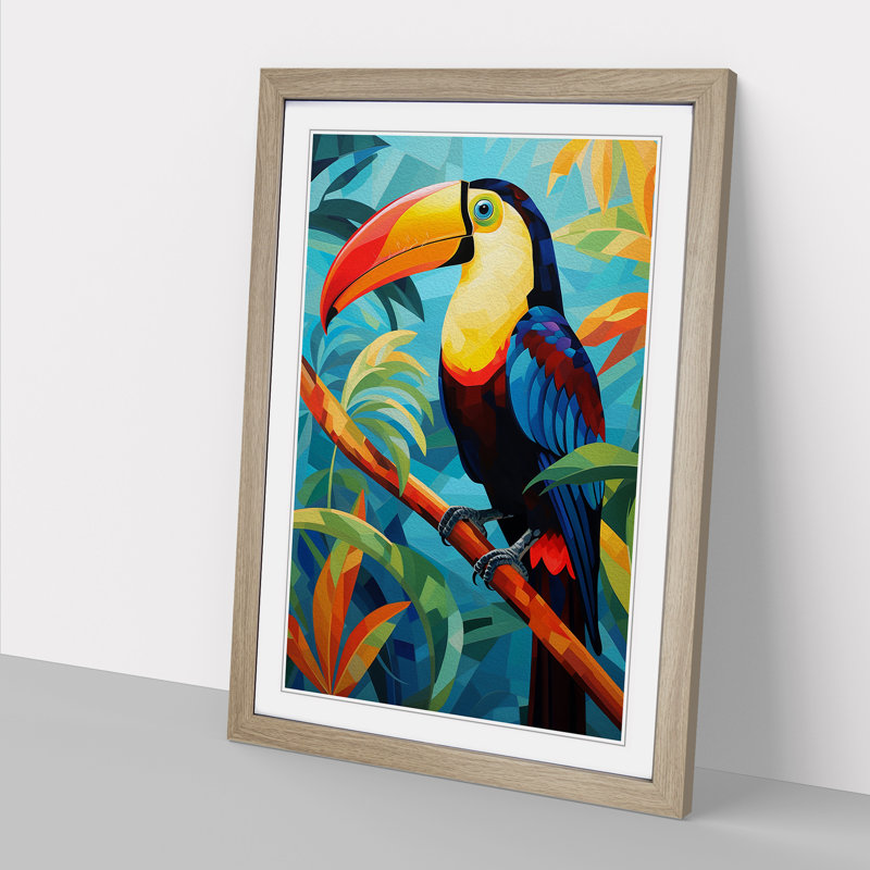 XYZ-FRM-V1223-1642 Toucan Art Deco - Single Picture Frame Print on Wood, 64cm H x 46cm W x 2cm D, Oak