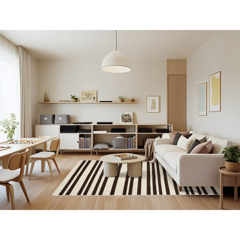 Tapis beige à rayures horizontales lavable à la machine, Rectangle 7 pi x 9 pi