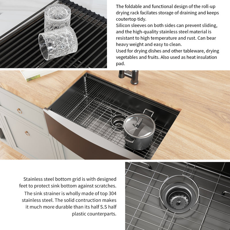 Robinet tout-en-un noir, évier de cuisine encastré à simple cuve 304T 304
