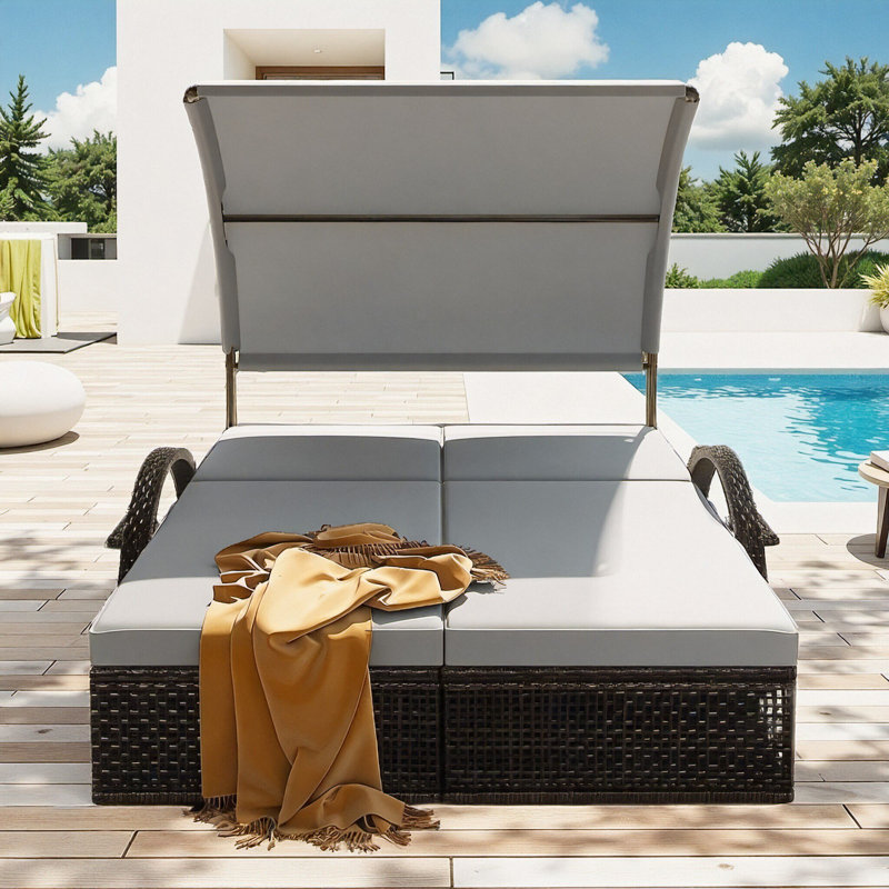 Outdoor Steel Frame Double Sun Lounger, Patio Daybed with 5-Position Adjustable Backrest and Canopy, Hidden Side Table & Arched Armrests, for Pool, Patio, Garden, Backyard