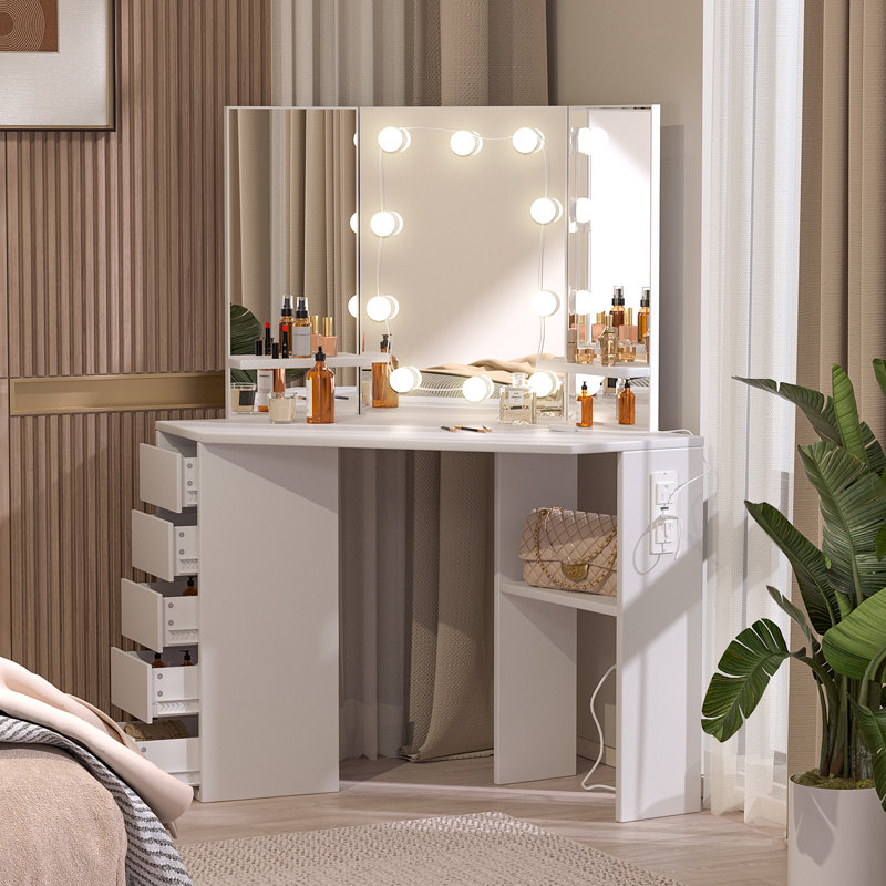 Coiffeuse pliante éclairée avec miroir DEL réglable et rangement à compartiments multiples