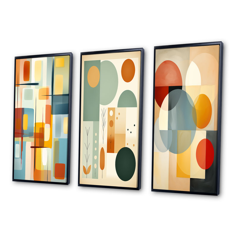 «Midcentury Minimal Abstract Geometric Art», ensemble de 3 reproductions, Cadre flottant noir, H 32 po x l 48 po