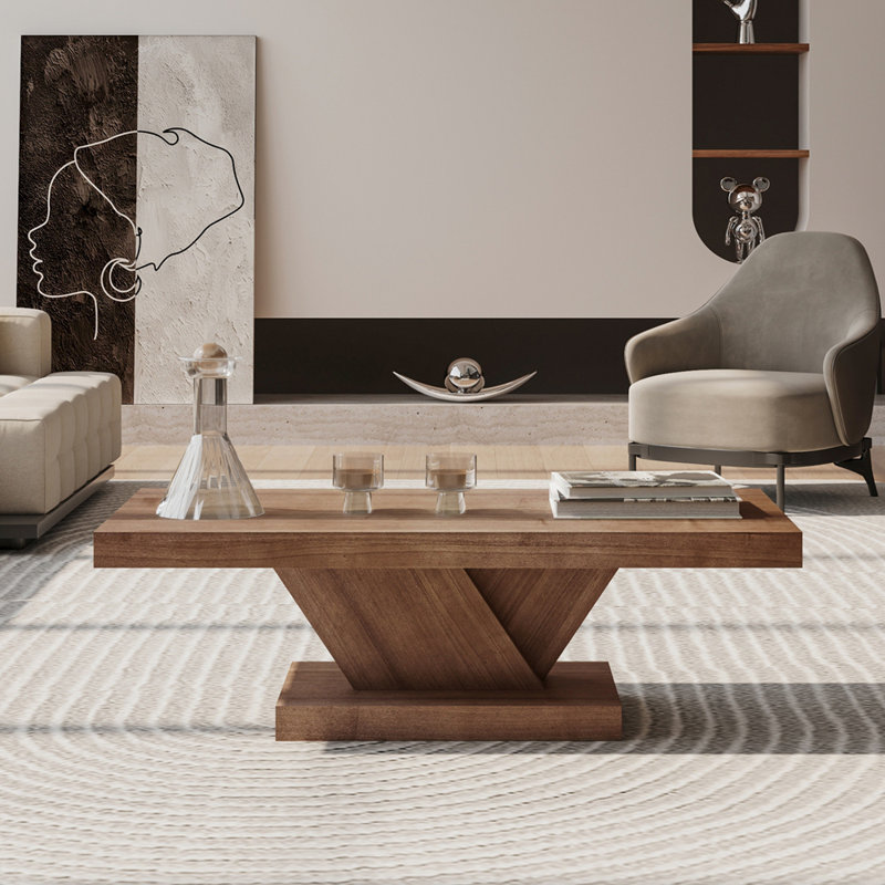 Table basse moderne à pieds croisés de 47 po, conception robuste en forme de X, placage en bois massif, grande table centrale de salon avec amplement d'espace de rangement, noyer
