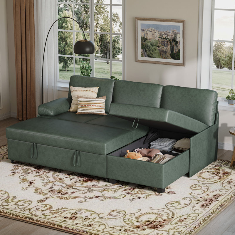 80'' Upholstered Sleeper Sofa, Pull Out Bed With Storage Chaise For Living Room Bedroom Apartment, Green Faux Leather