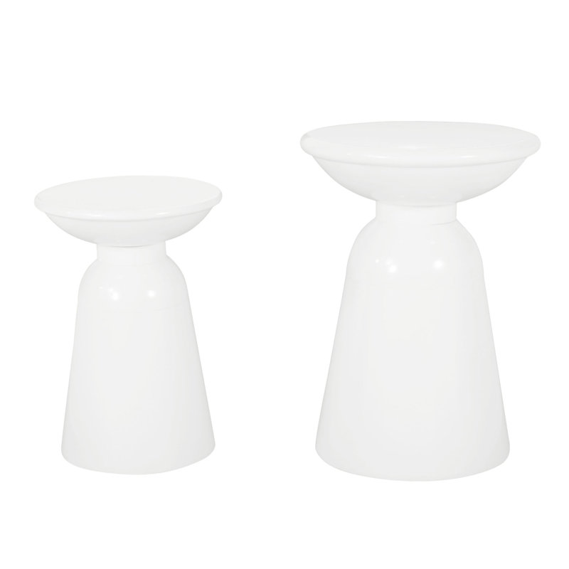 Serenita Outdoor Iron Side Tables With Flared Design, Set Of 2, White