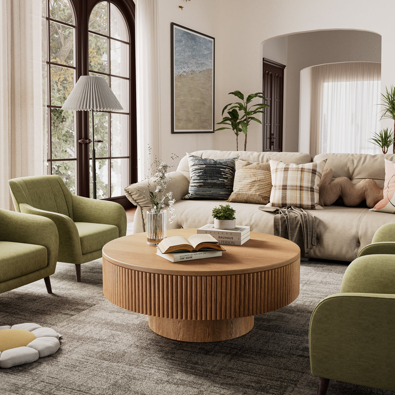 Talyth 35" W Circular Solid Wood Coffee Table with Gloss Finish, Natural , 13.8" H x 35" W x 35" D