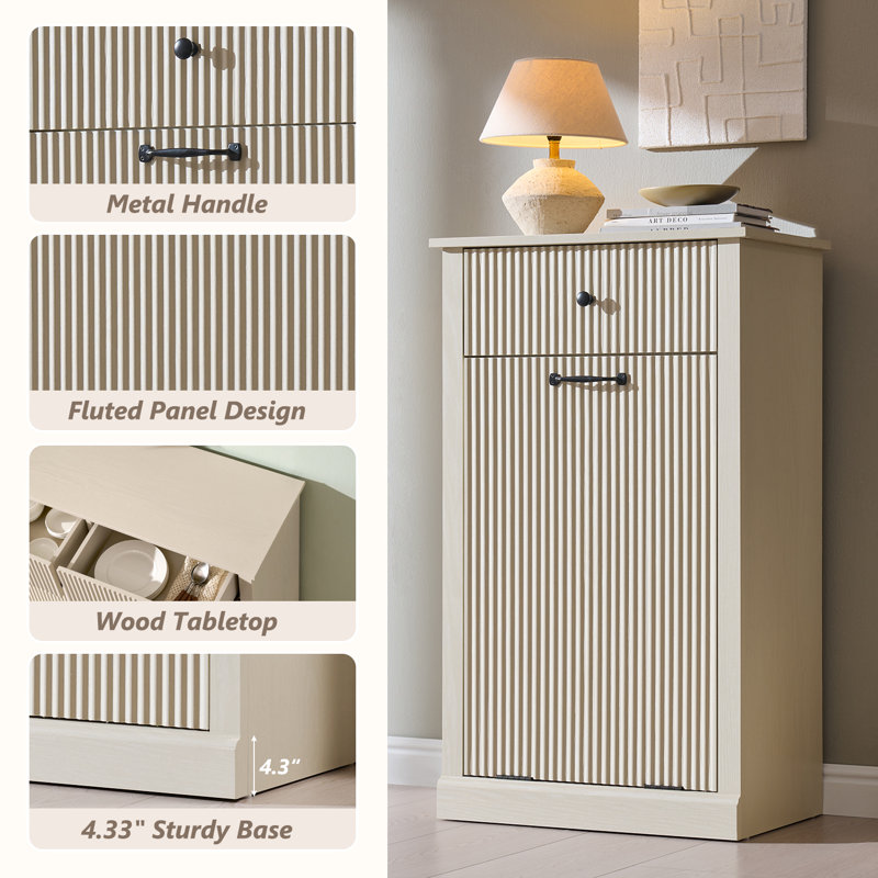 Armoire à paniers à linge avec tiroirs, panier à linge cannelé pour salle de bain Modern, Crème, Une seule porte