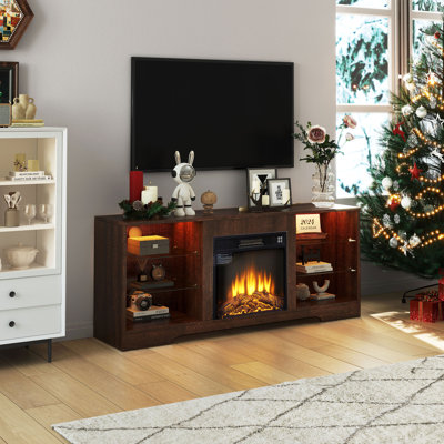 Meuble télé pour téléviseur de 62 po ou moins, foyer électrique avec tablettes en verre, lumières DEL, prises de courant doubles et ports USB