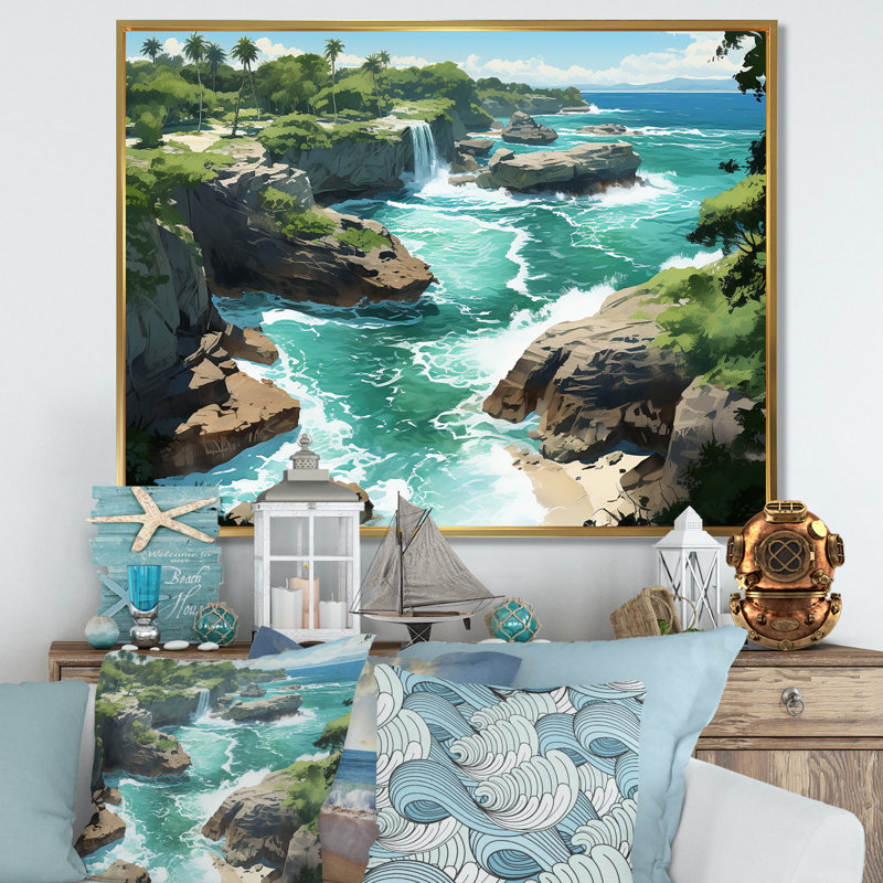 Vue aérienne côtière de l'île, sérénité, art mural tropical côtier, Cadre flottant doré, H 34 po x l 44 po x P 1,5 po