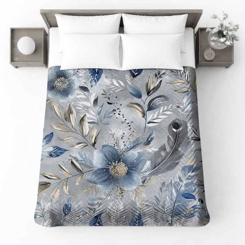 Couvre-lit matelassé à motif floral bleu, Double