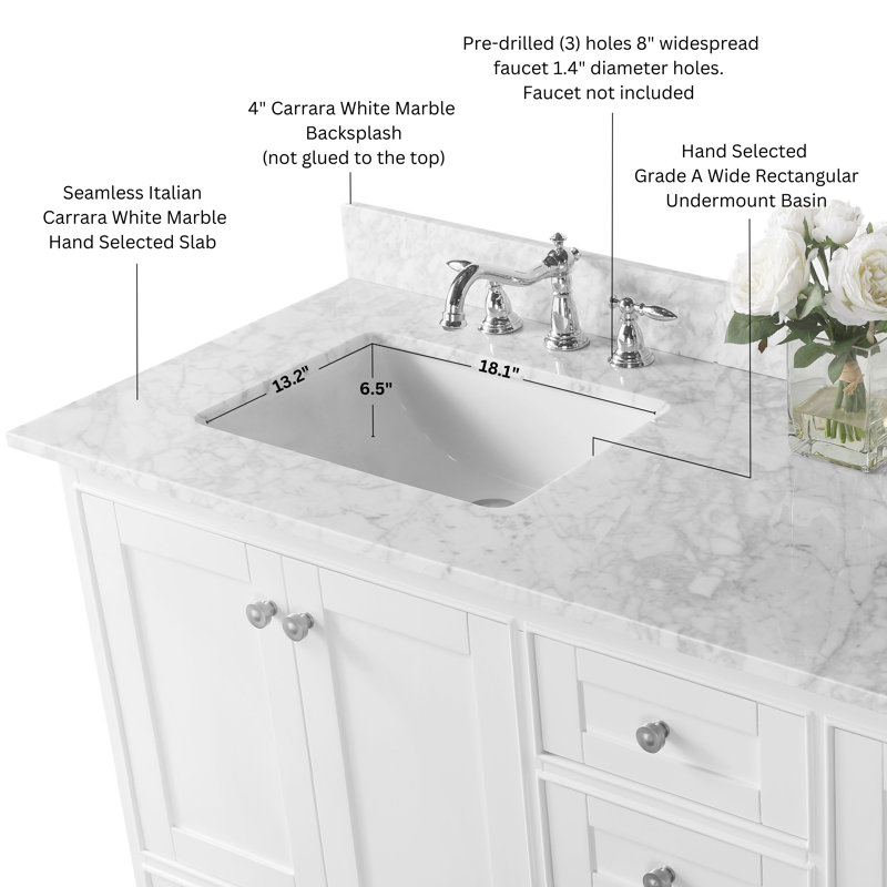 Audrey 60'' W Double Vanity, White/Brushed Nickel, Carrara White Marble