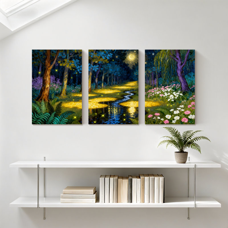Abstrait forêt enchantée, paysage nocturne avec étoiles et fleurs, ensemble de 3 impressions sur toile, H 18 po x l 36 po