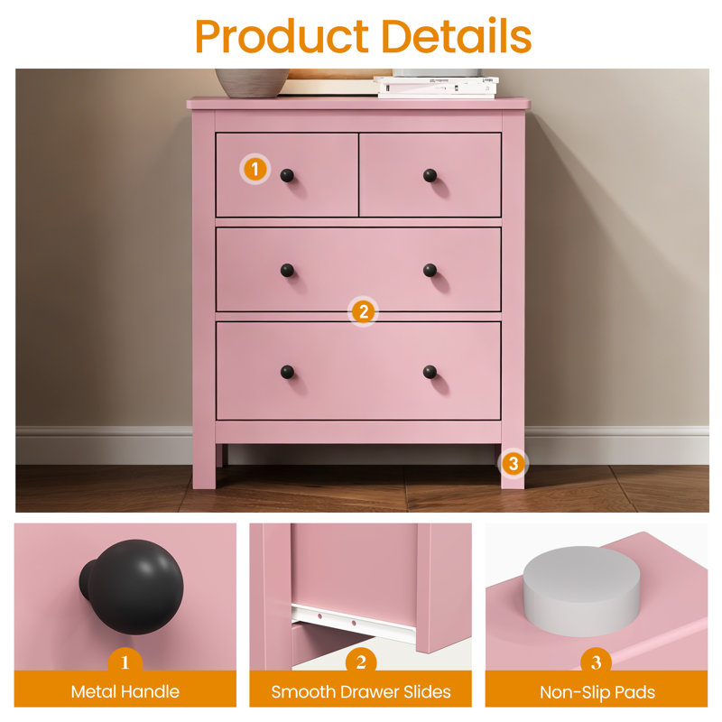 3-Drawer Nightstand, 27" Modern Wood Bedside Table With Storage,Set Of 2, Pink