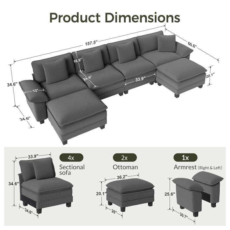 158" Modular Sectional Sofa, Oversized U Shaped Couches With Ottomans, 6-seater Deep Seat Sofa With Throw Pillow