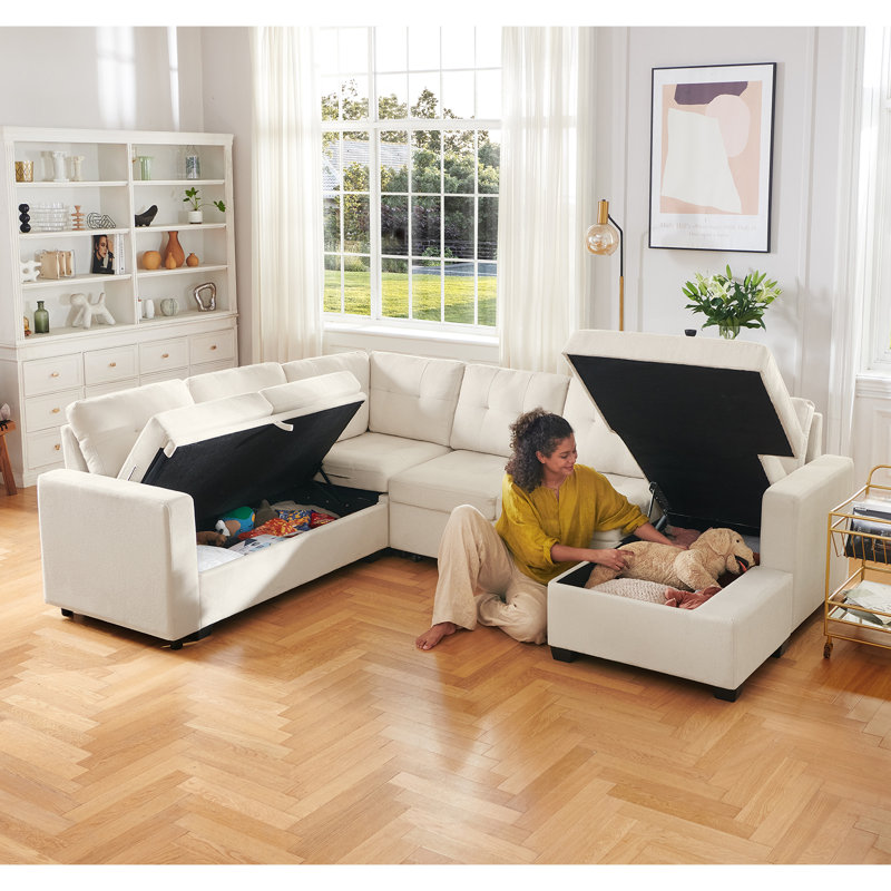 Canapé-lit modulaire capitonné en forme de U avec méridienne Epping Chasidi, Polyester beige