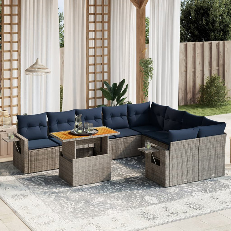  10 Piece Patio Sofa Set With Cushions Poly Rattan, Gray, Blue