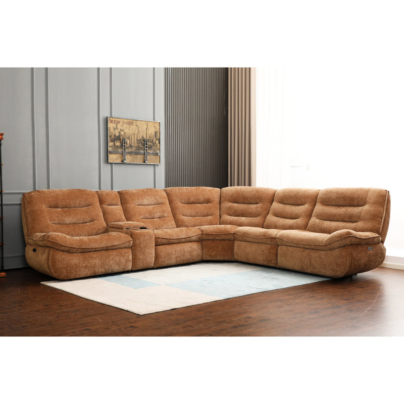Canapé modulaire en chenille orange avec mouvement électrique puissant, siège en mousse, console et mouvement de charge sans fil inclinable et énergisant