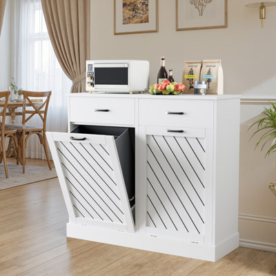 Armoire à poubelle cachée à double basculement 2 x 15 gallons, armoire à poubelle de cuisine cachée avec tiroir de rangement, armoire à ordures et à recyclage en bois résistante aux animaux de compagnie pour la cuisine, la buanderie et le salon, blanc