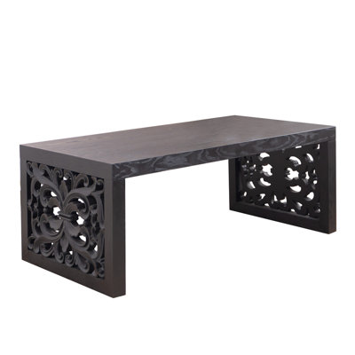 Table basse 47,2 "en bois sculpté noir massif - aspect fabriqué à la main avec panneaux latéraux ornés