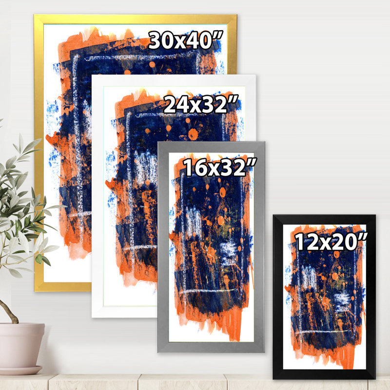 Abstrait orange et bleu marine - Peinture sur toile, Encadrement argenté, H 20 po x l 12 po x P 1po