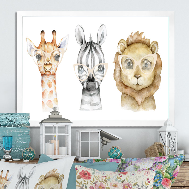 Dessin de girafe et de lion - reproduction sur toile, H 8 po x l 12 po x P 1 po, Impression blanche sur toile encadrée