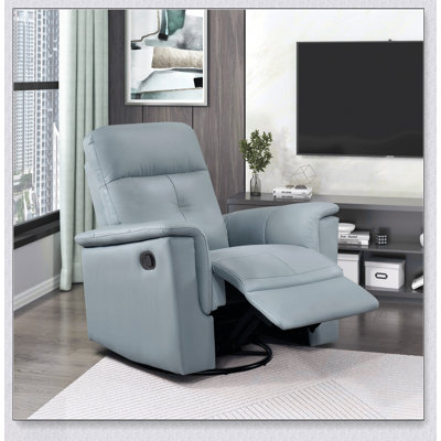 Blue Leather Upholstered Swivel Glider Reclining Chair For Luxury And Comfort In Modern Living Rooms