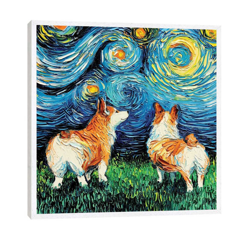 Corgi Night by Aja Trier - Painting on Canvas, 45.72 cm H x 45.72 cm W, White Floater Framed