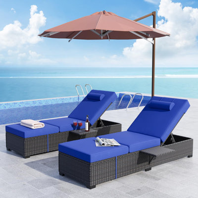 Set of 2 Adjustable Wicker Chaise Lounge Chairs with Cushions & Side Table