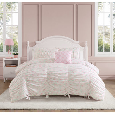 Roses and Bows Ruched Pink Embellished Girl's 3-Piece Comforter Set - Twin
