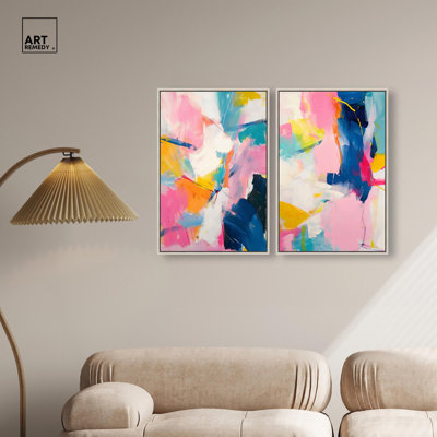 Dynamic Brushstrokes Duo Canvas Print Colorful Wall Decor by Art Remedy, Silver Frame, 16 x 24
