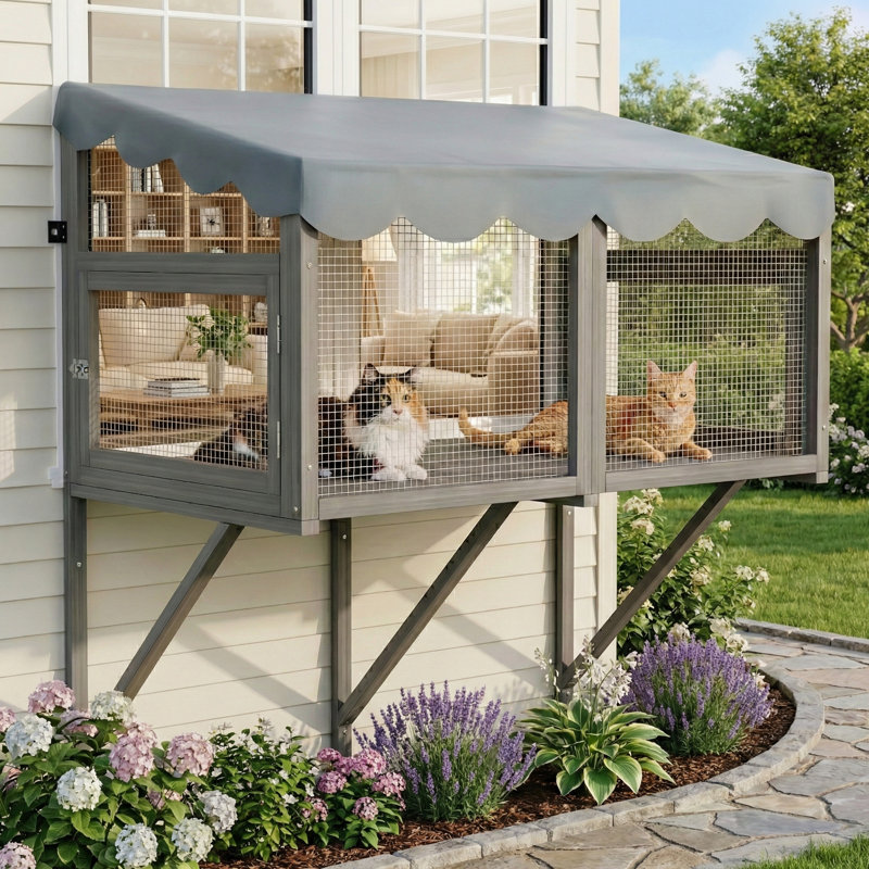 Wooden Cat Catio Window Box Enclosure, Expandable Window Perch House, Secure Indoor Outdoor Haven For Multi Cats