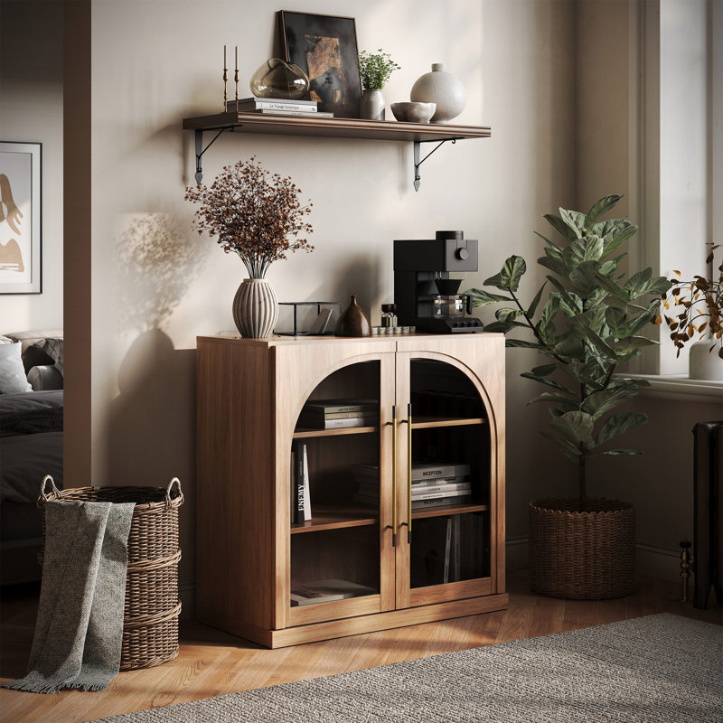 Buffet modulaire avec porte vitrée arquée et tablettes réglables, brun clair, Chameau