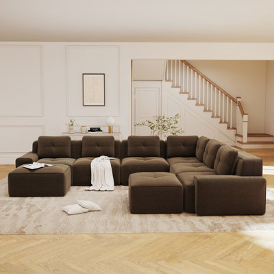 Modular Corduroy Living Room Set with 6-Seat V-Shaped Sectional Sofa & 2 Movable Ottomans, Chocolate Brown
