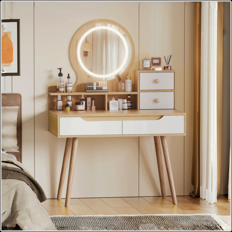 Makeup Vanity Desk With 3 Adjustable Lighted Mirror With Solid Wood Table Feet , Dressing Table Set With 4 Drawers And 3 Open Shelves  For Small Space Bedroom
