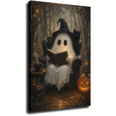 Ghost Reading Book With Black Cat And Pumpkin In Autumn Forest Vintage Oil Painting Canvas Wall Art For Halloween Home Decor