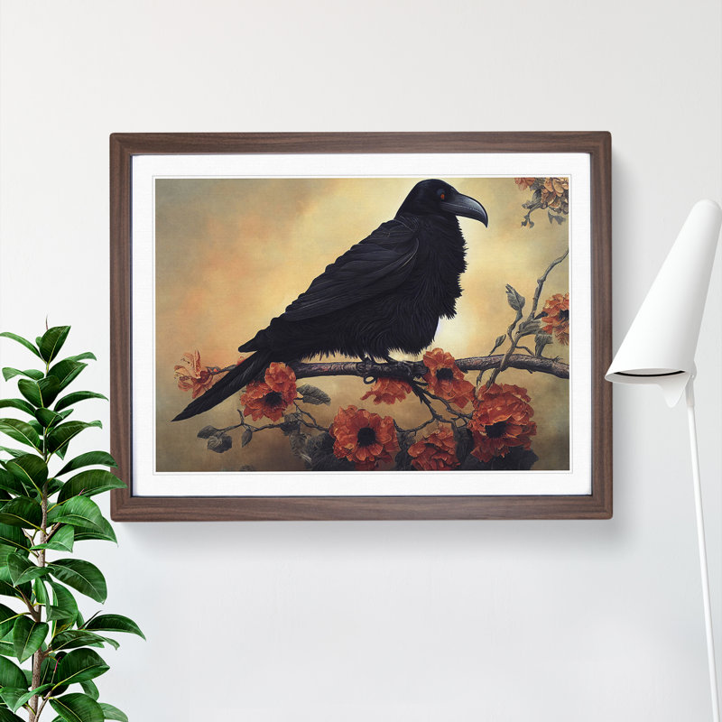 Magnetic Raven Bird - Framed Print, 25cm H x 34cm W x 2cm D, Walnut