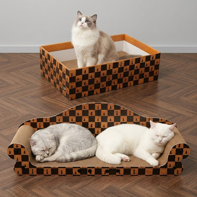 Large Cat Couch Scratcher, 27 Inch Cardboard Box with Durable Scratch Pad, Comfortable Sofa & Reversible Nest