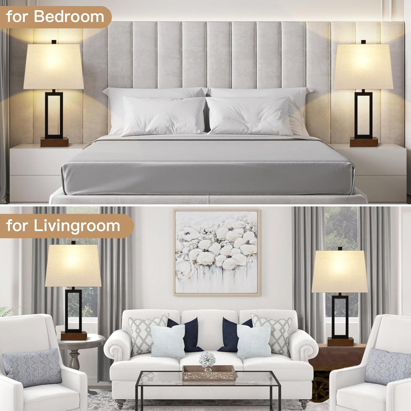 23.5'' Black Metal Table Lamps with Linen Shades and USB Ports, Set of 2