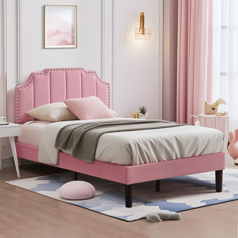 Lit simple avec tête de lit capitonnée réglable, lit plateforme, sommier à ressorts, aucun sommier requis, Lit simple, Rose
