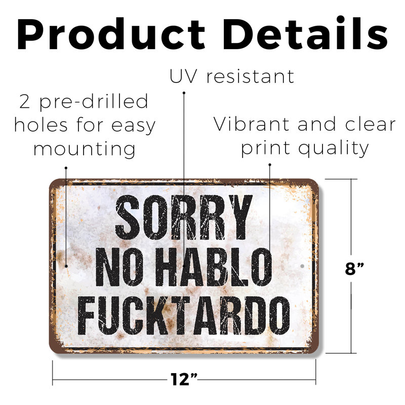 Enseigne en plastique Désolé, pas de Hablo 8 po x 12 po