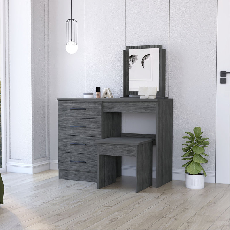Stonington 4-Drawer Makeup Dressing Table With Stool, Gray