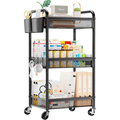 3 Tier Metal Rolling Cart, Black Utility Storage Cart with Wheels | Metal Mesh Craft Cart With Hooks & Hanging Cups, Ideal